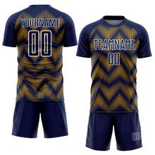 Laden Sie das Bild in den Galerie-Viewer, Custom Navy Gold-White Line Sublimation Soccer Uniform Jersey