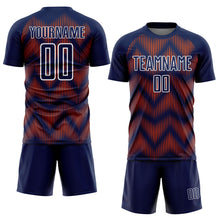 Laden Sie das Bild in den Galerie-Viewer, Custom Navy Orange-White Line Sublimation Soccer Uniform Jersey