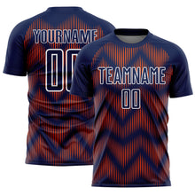 Laden Sie das Bild in den Galerie-Viewer, Custom Navy Orange-White Line Sublimation Soccer Uniform Jersey
