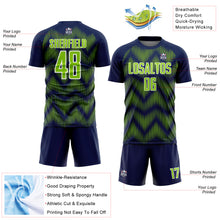 Laden Sie das Bild in den Galerie-Viewer, Custom Navy Neon Green-White Line Sublimation Soccer Uniform Jersey