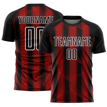 Custom Black Red-White Abstract Network Sublimation Soccer Uniform Jersey