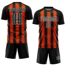 Charger l'image dans la galerie, Custom Black Orange-White Abstract Network Sublimation Soccer Uniform Jersey