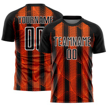 Charger l'image dans la galerie, Custom Black Orange-White Abstract Network Sublimation Soccer Uniform Jersey