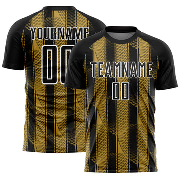 Custom Black Old Gold-White Abstract Network Sublimation Soccer Uniform Jersey