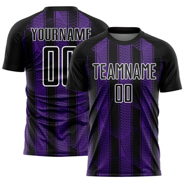 Custom Black Purple-White Abstract Network Sublimation Soccer Uniform Jersey