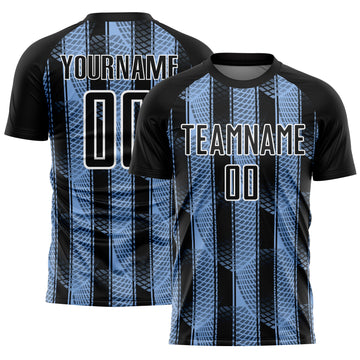 Custom Black Light Blue-White Abstract Network Sublimation Soccer Uniform Jersey
