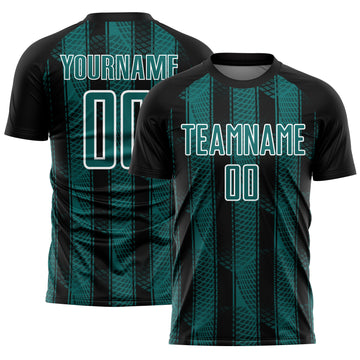 Custom Black Teal-White Abstract Network Sublimation Soccer Uniform Jersey