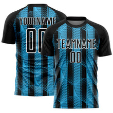 Charger l'image dans la galerie, Custom Black Sky Blue-White Abstract Network Sublimation Soccer Uniform Jersey