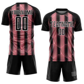 Custom Black Medium Pink-White Abstract Network Sublimation Soccer Uniform Jersey