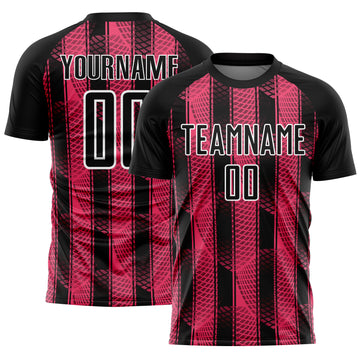Custom Black Neon Pink-White Abstract Network Sublimation Soccer Uniform Jersey