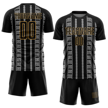 Custom Black Old Gold-White Geometric Shape Sublimation Soccer Uniform Jersey