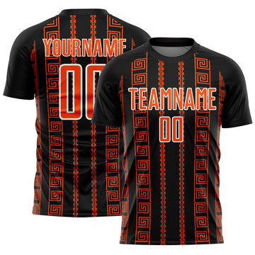Custom Black Orange-White Geometric Shape Sublimation Soccer Uniform Jersey
