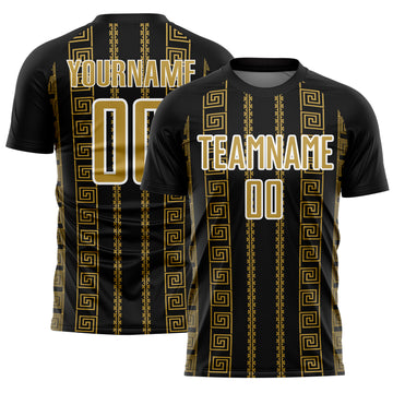 Custom Black Old Gold-White Geometric Shape Sublimation Soccer Uniform Jersey