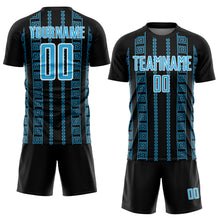 Laden Sie das Bild in den Galerie-Viewer, Custom Black Sky Blue-White Geometric Shape Sublimation Soccer Uniform Jersey