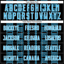 Laden Sie das Bild in den Galerie-Viewer, Custom Black Sky Blue-White Geometric Shape Sublimation Soccer Uniform Jersey