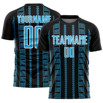 Custom Black Sky Blue-White Geometric Shape Sublimation Soccer Uniform Jersey