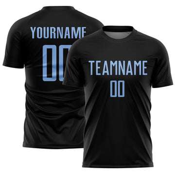 Custom Black Light Blue Sublimation Soccer Uniform Jersey