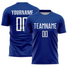 Laden Sie das Bild in den Galerie-Viewer, Custom Royal White Sublimation Soccer Uniform Jersey