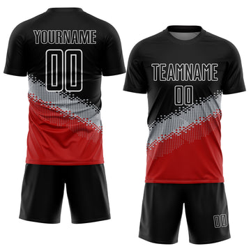 Custom Black Gray-Red Gradient Geometric Shape Sublimation Soccer Uniform Jersey