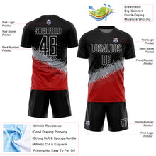 Laden Sie das Bild in den Galerie-Viewer, Custom Black Gray-Red Gradient Geometric Shape Sublimation Soccer Uniform Jersey