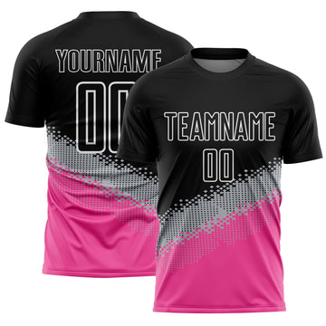 Custom Black Gray-Pink Gradient Geometric Shape Sublimation Soccer Uniform Jersey