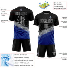 Laden Sie das Bild in den Galerie-Viewer, Custom Black Gray-Royal Gradient Geometric Shape Sublimation Soccer Uniform Jersey