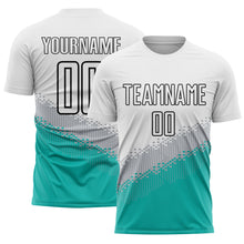 Load image into Gallery viewer, Custom White Gray Aqua-Black Gradient Geometric Shape Sublimation Soccer Uniform Jersey