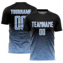 Laden Sie das Bild in den Galerie-Viewer, Custom Black Light Blue-White Gradient Line Sublimation Soccer Uniform Jersey