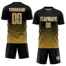 Laden Sie das Bild in den Galerie-Viewer, Custom Black Old Gold-White Gradient Line Sublimation Soccer Uniform Jersey