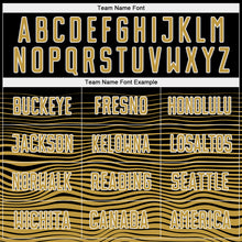 Laden Sie das Bild in den Galerie-Viewer, Custom Black Old Gold-White Gradient Line Sublimation Soccer Uniform Jersey