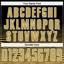 Laden Sie das Bild in den Galerie-Viewer, Custom Black Old Gold-White Gradient Line Sublimation Soccer Uniform Jersey