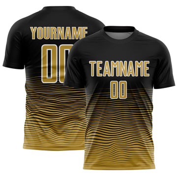 Custom Black Old Gold-White Gradient Line Sublimation Soccer Uniform Jersey