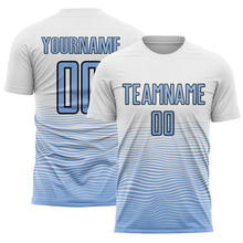 Load image into Gallery viewer, Custom White Light Blue-Black Gradient Line Sublimation Soccer Uniform Jersey