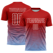 Load image into Gallery viewer, Custom Red Light Blue-White Gradient Line Sublimation Soccer Uniform Jersey