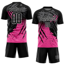 Load image into Gallery viewer, Custom Black Pink-White Gradient Scratch Splash Sublimation Soccer Uniform Jersey
