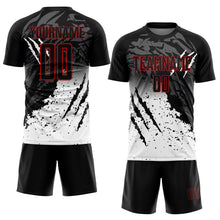 Load image into Gallery viewer, Custom Black White-Red Gradient Scratch Splash Sublimation Soccer Uniform Jersey
