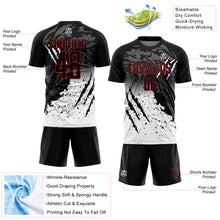 Load image into Gallery viewer, Custom Black White-Red Gradient Scratch Splash Sublimation Soccer Uniform Jersey