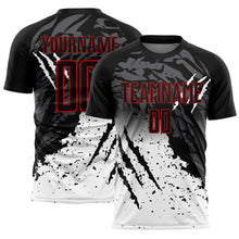 Load image into Gallery viewer, Custom Black White-Red Gradient Scratch Splash Sublimation Soccer Uniform Jersey