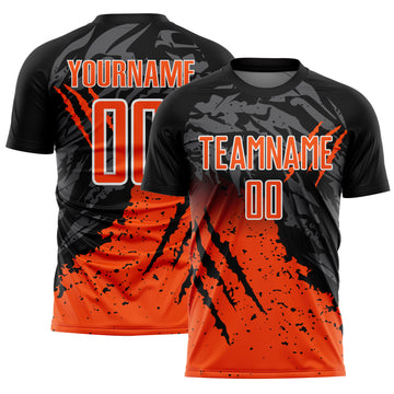Custom Black Orange-White Gradient Scratch Splash Sublimation Soccer Uniform Jersey