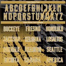 Load image into Gallery viewer, Custom Black Old Gold-White Gradient Scratch Splash Sublimation Soccer Uniform Jersey