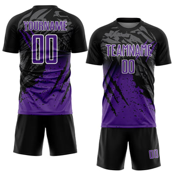 Custom Black Purple-White Gradient Scratch Splash Sublimation Soccer Uniform Jersey