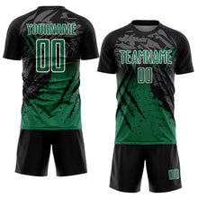 Laden Sie das Bild in den Galerie-Viewer, Custom Black Kelly Green-White Gradient Scratch Splash Sublimation Soccer Uniform Jersey