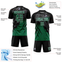 Laden Sie das Bild in den Galerie-Viewer, Custom Black Kelly Green-White Gradient Scratch Splash Sublimation Soccer Uniform Jersey