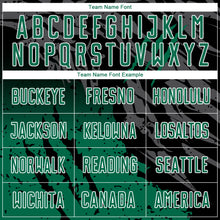 Laden Sie das Bild in den Galerie-Viewer, Custom Black Kelly Green-White Gradient Scratch Splash Sublimation Soccer Uniform Jersey