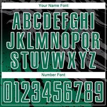 Laden Sie das Bild in den Galerie-Viewer, Custom Black Kelly Green-White Gradient Scratch Splash Sublimation Soccer Uniform Jersey