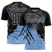 Laden Sie das Bild in den Galerie-Viewer, Custom Black Light Blue-White Gradient Scratch Splash Sublimation Soccer Uniform Jersey