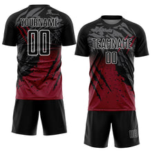 Laden Sie das Bild in den Galerie-Viewer, Custom Black Crimson-White Gradient Scratch Splash Sublimation Soccer Uniform Jersey