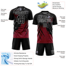 Laden Sie das Bild in den Galerie-Viewer, Custom Black Crimson-White Gradient Scratch Splash Sublimation Soccer Uniform Jersey