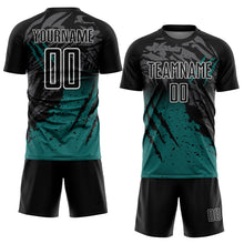 Laden Sie das Bild in den Galerie-Viewer, Custom Black Teal-White Gradient Scratch Splash Sublimation Soccer Uniform Jersey