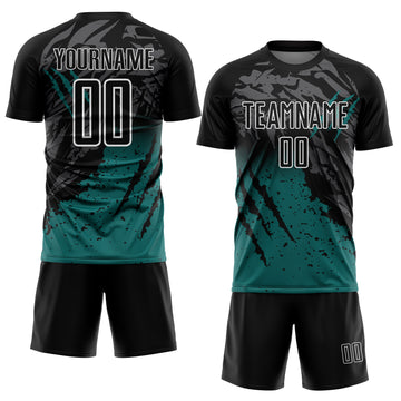 Custom Black Teal-White Gradient Scratch Splash Sublimation Soccer Uniform Jersey